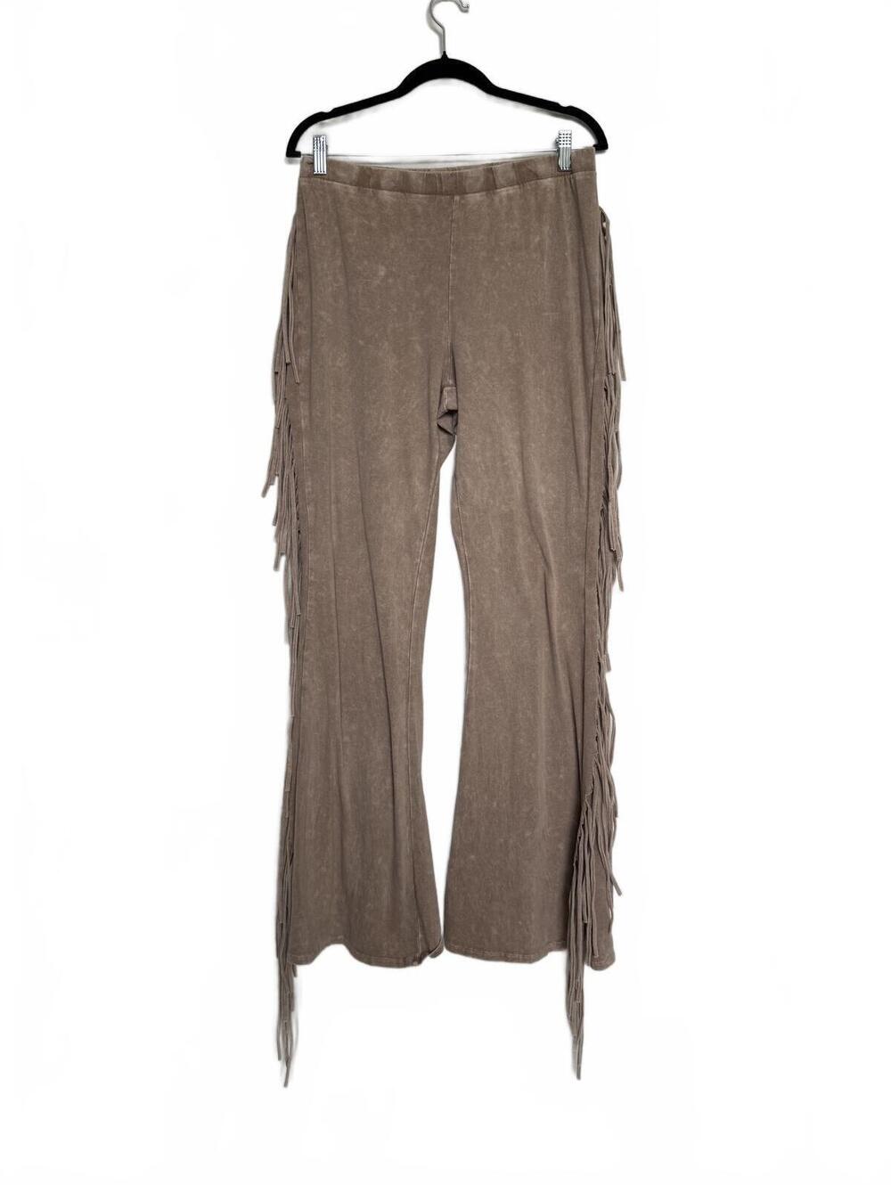 Fashion Nova Beige Fringe Flare Leg Pants